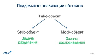 Поддельные реализации объектов
Fake-объект
Stub-объект
Задача
разделения
Mock-объект
Задача
распознавания
12/43
 
