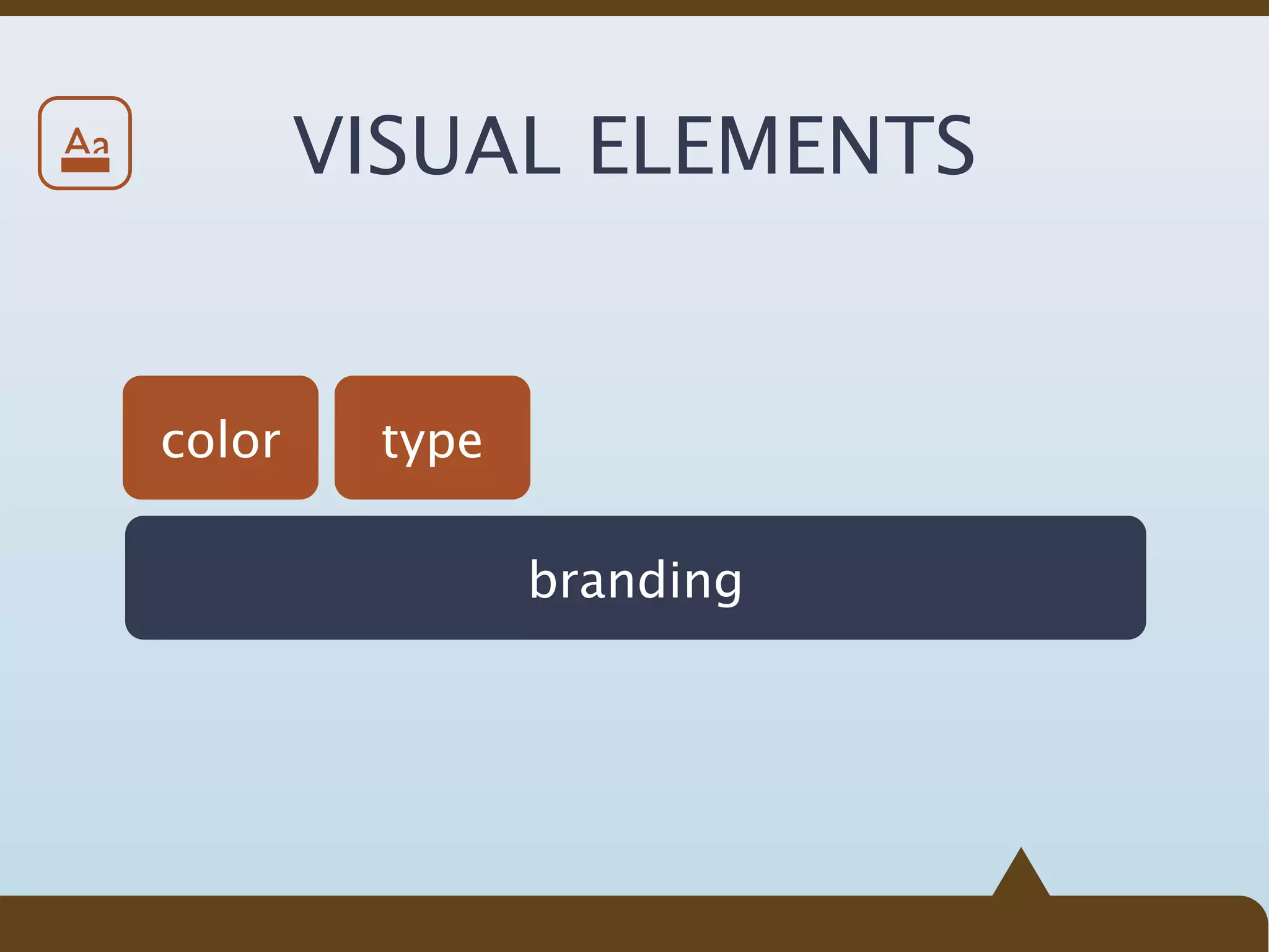 Aa           VISUAL ELEMENTS


     color    type

                     branding
 