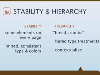 Aa   STABILITY & HIERARCHY

          STABILITY   HIERARCHY
some elements on      “bread crumbs”
       every page
                      tiered type treatments
limited, consistent
      type & colors   contextualize
 