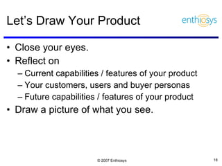 Let’s Draw Your Product Close your eyes. Reflect on Current capabilities / features of your product Your customers, users and buyer personas Future capabilities / features of your product Draw a picture of what you see. 