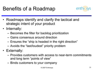 Benefits of a Roadmap Roadmaps identify and clarify the tactical and strategic intent of your product Internally: Becomes the filter for backlog prioritization Gains consensus around direction Ensures the “ship is headed in the right direction” Avoids the “last/loudest” priority problem Externally: Provides customers with access to near-term commitments and long term “points of view” Binds customers to your company 