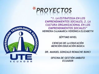 *
“1. LA ESTRATEGIA EN LOS
EMPRENDIMIENTOS SOCIALES; 2. LA
CULTURA ORGANIZACIONAL EN LOS
EMPRENDIMIENTOS SOCIALES”
HERRERA CAJAMARCA VERÓNICA ELIZABETH
SÉPTIMO NIVEL
CIENCIAS DE LA EDUCACIÓN
MENCIÓN EDUCACIÓN BÁSICA
DR. MANUEL GONZALO REMACHE BUNCI
OFICINA DE GESTIÓN AMBATO
ECUADOR
 