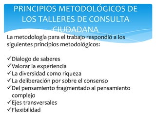 PRINCIPIOS METODOLÓGICOS DE
LOS TALLERES DE CONSULTA
CIUDADANA
La metodología para el trabajo respondió a los
siguientes principios metodológicos:
Dialogo de saberes
Valorar la experiencia
La diversidad como riqueza
La deliberación por sobre el consenso
Del pensamiento fragmentado al pensamiento
complejo
Ejes transversales
Flexibilidad
 