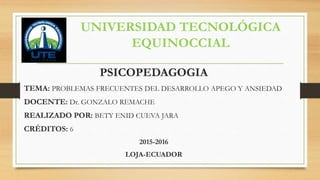 UNIVERSIDAD TECNOLÓGICA
EQUINOCCIAL
PSICOPEDAGOGIA
TEMA: PROBLEMAS FRECUENTES DEL DESARROLLO APEGO Y ANSIEDAD
DOCENTE: Dr. GONZALO REMACHE
REALIZADO POR: BETY ENID CUEVA JARA
CRÉDITOS: 6
2015-2016
LOJA-ECUADOR
 