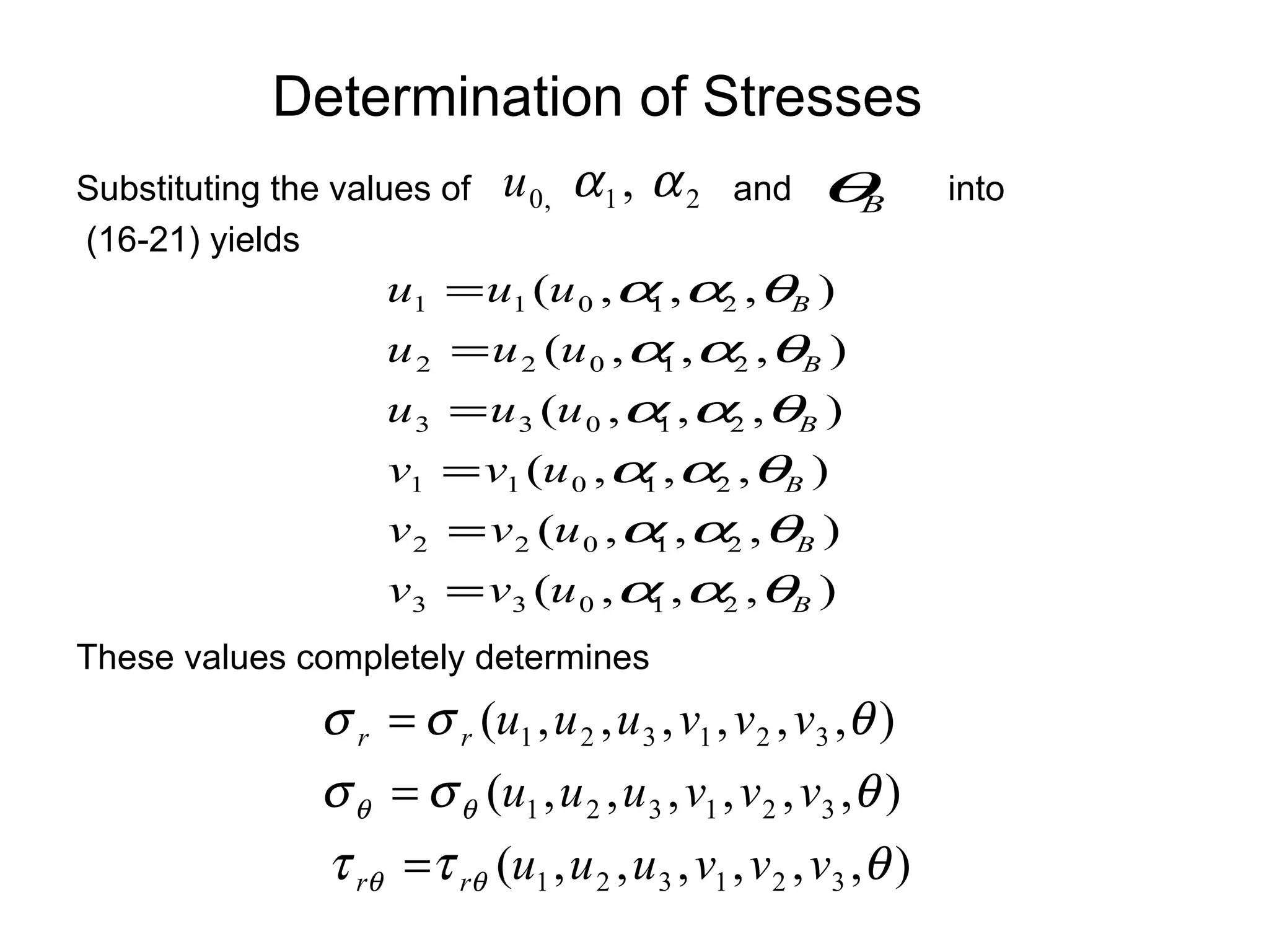 Determination of Stresses Substituting the values of  and  into (16-21) yields These values completely determines   