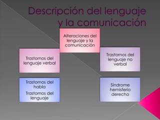 Alteraciones del
lenguaje y la
comunicación
Trastornos del
lenguaje verbal
Trastornos del
lenguaje no
verbal
Trastornos del
habla
Trastornos del
lenguaje
Síndrome
hemisferio
derecho
 