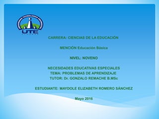 CARRERA: CIENCIAS DE LA EDUCACIÓN
MENCIÓN Educación Básica
NIVEL: NOVENO
NECESIDADES EDUCATIVAS ESPECIALES
TEMA: PROBLEMAS DE APRENDIZAJE
TUTOR: Dr. GONZALO REMACHE B.MSc
ESTUDIANTE: MAYDOLE ELIZABETH ROMERO SÁNCHEZ
Mayo 2016
 