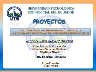 LA ESTRATEGIA EN LOS EMPRENDIMIENTOS SOCIALES, Y
LA CULTURA ORGANIZACIONAL EN LOS EMPRENDIMIENTOS SOCIALES
ANGÉLICA MARÍA NARVÁEZ FIGUEROA
Ciencias de la Educación
Mención Ciencias Básicas
Séptimo Nivel
Dr. Gonzalo Remache
Loja-Ecuador
Julio 2013
 