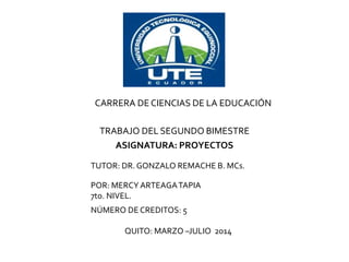 TRABAJO DEL SEGUNDO BIMESTRE
ASIGNATURA: PROYECTOS
CARRERA DE CIENCIAS DE LA EDUCACIÓN
TUTOR: DR. GONZALO REMACHE B. MCs.
POR: MERCY ARTEAGATAPIA
7to. NIVEL.
NÚMERO DE CREDITOS: 5
QUITO: MARZO –JULIO 2014
 