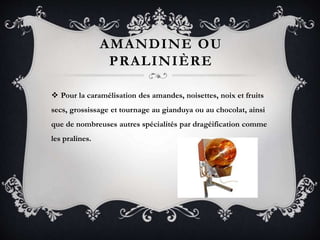 AMANDINE OU
PRALINIÈRE
 Pour la caramélisation des amandes, noisettes, noix et fruits
secs, grossissage et tournage au gianduya ou au chocolat, ainsi
que de nombreuses autres spécialités par dragéification comme
les pralines.
 