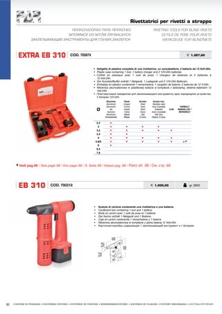 Rivettatrici per rivetti a strappo
                                   REMACHADORAS PARA REMACHES                                                     RIVETING TOOLS FOR BLIND RIVETS
                                 NITOWNICE DO NITÓW ZRYWALNYCH                                                         OUTILS DE POSE POUR RIVETS
                 ЗАКЛЕПЫВАЮЩИЕ ИНСТРУМЕНТЫ ДЛЯ ГЛУХИХ ЗАКЛЕПОК                                                         WERKZEUGE FÜR BLINDNIETE




        EXTRA EB 310                           COD. 705074                                                                                       € 1.287,00


                                                                • Valigetta di plastica completa di una rivettatrice, un caricabatterie, 2 batterie da 12 Volt-2Ah.
                                                                • Plastic case containing 1 tool, 1 battery charger and 2 12V-2Ah batteries.
                                                                • Coffret en plastique avec 1 outil de pose, 1 chargeur de batteries et 2 batteries à
                                                                  12 Volt-2Ah.
                                                                • Der Kunststoffkoffer enthält 1 Nietgerät, 1 Ladegerät und 2 12V-2Ah Batterien.
                                                                • Embalaje en plástico contenente 1 remachadora, 1 cargador de batería, 2 baterías de 12 V-2Ah.
                                                                • Nitownica akumulatorowa w plastikowej walizce w komplecie z ładowarką, dwiema bateriami 12
                                                                  Volt-2Ah.
                                                                • Пластмассовый чемоданчик для заклепывающего инструмента, одно подзарядное устройство,
                                                                  2 батареи 12V-2Ah.
                                                                             Alluminio   Rame         Acciaio    Acciaio inox
                                                                             Aluminium   Copper        Steel     Stainless steel
                                                                             Aluminium   Cuivre        Acier    Acier inoxydable            FARBOLT
                                                                      Ø          Alu
                                                                              Aluminio
                                                                                         Kupfer
                                                                                         Cobre
                                                                                                       Stahl
                                                                                                       Acero
                                                                                                                   Edelstahl
                                                                                                                Acero inoxidable
                                                                                                                                   CuNi   MAGNA-LOK ®
                                                                                                                                           MONOBOLT
                                                                             Aluminium   Miedź          Stal       Stal Inox
                                                                             Алюминий    Медь         Сталь     Нерж Сталь

                                                                      2,4       •
                                                                       3        •          •            •             •
                                                                      3,2       •          •            •             •             •
                                                                      3,4       •          •
                                                                       4        •          •            •             •             •
                                                                     4,8/5      •          •            •             •             •        •*
                                                                       6        •
                                                                      6,4
                                                                      7,8




      * Vedi pag.98 / See page 98 / Voir page 98 / S. Seite 98 / Véase pág. 98 / Patrz str. 98 / См. стр. 98


        EB 310                  COD. 700310                                                                     € 1.000,00                         gr. 2600




                                                                 •     Scatola di cartone contenente una rivettatrice e una batteria.
                                                                 •     Cardboard box containing 1 tool and 1 battery.
                                                                 •     Boîte en carton avec 1 outil de pose et 1 batterie.
                                                                 •     Der Karton enthält 1 Nietgerät und 1 Batterie.
                                                                 •     Caja en cartón contenente 1 remachadora y 1 batería.
                                                                 •     Nitownica akumulatorowa w komplecie z jedna baterią 12 Volt-2Ah.
                                                                 •     Картонная коробка, содержащая 1 заклепывающий инструмент и 1 батарею.




92   ı SISTEMI DI FISSAGGIO ı FASTENING SYSTEMS ı SYSTÈMES DE FIXATION ı VERBINDUNGSSYSTEME ı SISTEMAS DE FIJACION ı SYSTEMY MOCOWANIA ı СИСТЕМЫ КРЕПЛЕНИЯ
 