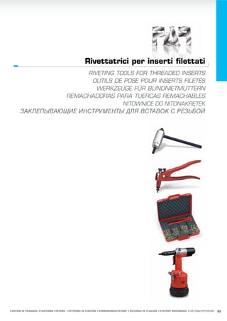 Rivettatrici per inserti filettati
                                                                     r       i filettat
                                              RIVETING TOOLS FOR THREADED INSERTS
                                               OUTILS DE POSE POUR INSERTS FILETÉS
                                                 WERKZEUGE FÜR BLINDNIETMUTTERN
                                         REMACHADORAS PARA TUERCAS REMACHABLES
                                NITOWNICE DO NITONAKRÊTEK
       ЗАКЛЕПЫВАЮЩИЕ ИНСТРУМЕНТЫ ДЛЯ ВСТАВОК С РЕЗЬБОЙ




ı SISTEMI DI FISSAGGIO ı FASTENING SYSTEMS ı SYSTÈMES DE FIXATION ı VERBINDUNGSSYSTEME ı SISTEMAS DE FIJACION ı SYSTEMY MOCOWANIA ı СИСТЕМЫ КРЕПЛЕНИЯ   99
 