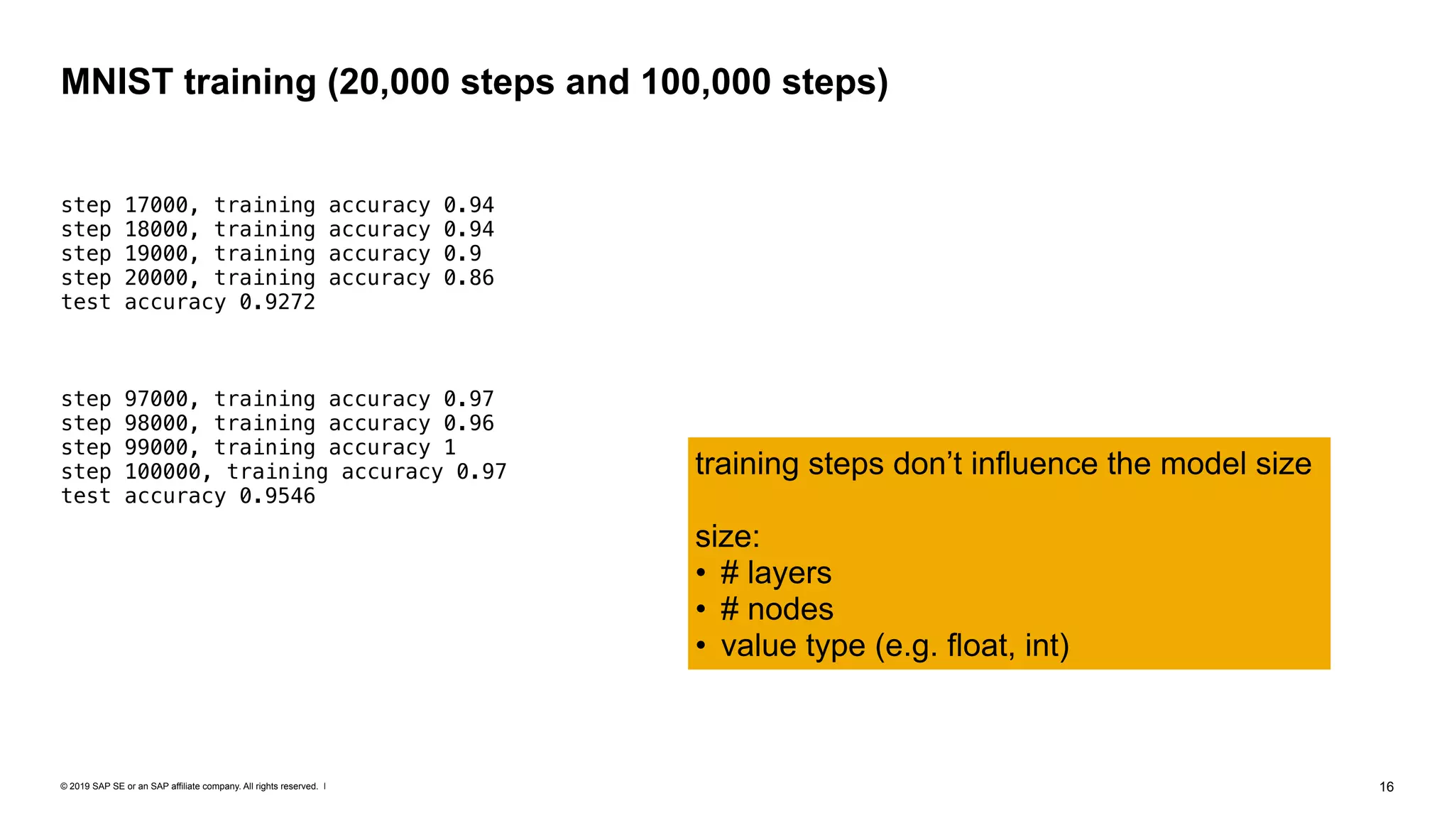 © 2019 SAP SE or an SAP affiliate company. All rights reserved. ǀ "16
step 17000, training accuracy 0.94
step 18000, training accuracy 0.94
step 19000, training accuracy 0.9
step 20000, training accuracy 0.86
test accuracy 0.9272
step 97000, training accuracy 0.97
step 98000, training accuracy 0.96
step 99000, training accuracy 1
step 100000, training accuracy 0.97
test accuracy 0.9546
MNIST training (20,000 steps and 100,000 steps)
training steps don’t influence the model size
size:
• # layers
• # nodes
• value type (e.g. float, int)
 