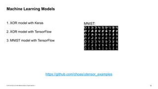 © 2019 SAP SE or an SAP affiliate company. All rights reserved. ǀ "12
1. XOR model with Keras
2. XOR model with TensorFlow
3. MNIST model with TensorFlow
Machine Learning Models
https://github.com/choas/utensor_examples
MNIST:
 