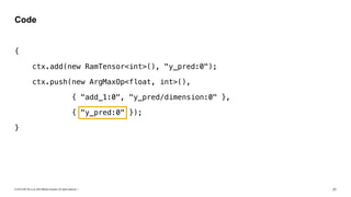 © 2019 SAP SE or an SAP affiliate company. All rights reserved. ǀ "21
{
ctx.add(new RamTensor<int>(), "y_pred:0");
ctx.push(new ArgMaxOp<float, int>(),
{ "add_1:0", "y_pred/dimension:0" },
{ "y_pred:0" });
}
Code
 