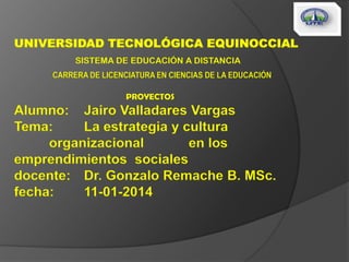 UNIVERSIDAD TECNOLÓGICA EQUINOCCIAL
SISTEMA DE EDUCACIÓN A DISTANCIA
CARRERA DE LICENCIATURA EN CIENCIAS DE LA EDUCACIÓN
PROYECTOS

Alumno: Jairo Valladares Vargas
Tema:
La estrategia y cultura
organizacional
en los
emprendimientos sociales
docente: Dr. Gonzalo Remache B. MSc.
fecha:
11-01-2014

 