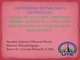 UNIVERSIDAD TECNOLÓGICA
EQUINOCCIAL
SISTEMA DE EDUCACIÓN A DISTANCIA
CARRERA CIENCIAS DE LA EDUCACIÓN
MENCIÓN LENGUAJE Y COMUNICACIÓN
SEGUNDO NIVEL
Nombre: Sabrina Villarreal Morán
Materia: Psicopedagogía
Tutor: Dr. Gonzalo Remache B. Msc.
 