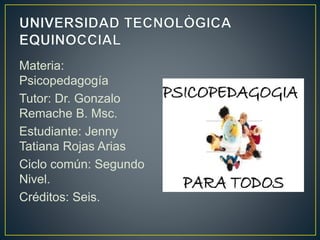 Materia: 
Psicopedagogía 
Tutor: Dr. Gonzalo 
Remache B. Msc. 
Estudiante: Jenny 
Tatiana Rojas Arias 
Ciclo común: Segundo 
Nivel. 
Créditos: Seis. 
 