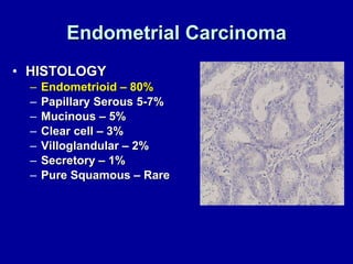 Endometrial Carcinoma HISTOLOGY Endometrioid – 80% Papillary Serous 5-7% Mucinous – 5% Clear cell – 3% Villoglandular – 2% Secretory – 1% Pure Squamous – Rare 