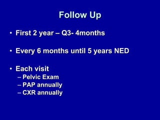 Follow Up First 2 year – Q3- 4months Every 6 months until 5 years NED Each visit Pelvic Exam PAP annually CXR annually 