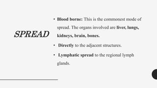 SPREAD
• Blood borne: This is the commonest mode of
spread. The organs involved are liver, lungs,
kidneys, brain, bones.
• Directly to the adjacent structures.
• Lymphatic spread to the regional lymph
glands.
 
