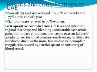 Results and complications of
UAE
⚫Vascularityand size reduced by 40% at 6 weeksand
75% at theend of 1 year.
⚫Symptomsare relieved in 70% women.
Postoperativecomplications  feverand infection,
vaginal discharge and bleeding , unbearable ischaemic
pain, pulmonary embolism, premature ovarian failure if
accidental occlusionof ovarian vesselsoccur, fertility rate
is reduced due to adhesions, failure due to incomplete
coagulation caused by arterial spasm or tortuosity of
bloodvessel.
 