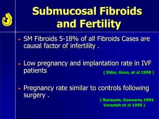 Submucosal Fibroids
and Fertility
SM Fibroids 5-18% of all Fibroids Cases are
causal factor of infertility .
Low pregnancy and implantation rate in IVF
patients ( Eldar, Geva, et al 1998 )
Pregnancy rate similar to controls following
surgery .
( Narayam, Goswamy 1994
Varasteh et al 1998 )
 