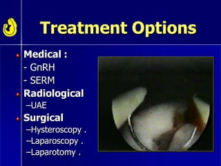 Treatment Options
Medical :
- GnRH
- SERM
Radiological
–UAE
Surgical
–Hysteroscopy .
–Laparoscopy .
–Laparotomy .
 