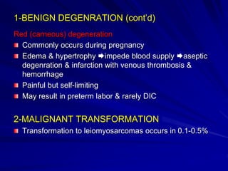 1-BENIGN DEGENRATION (cont’d)
Red (carneous) degeneration
Commonly occurs during pregnancy
Edema & hypertrophy impede blood supply aseptic
degenration & infarction with venous thrombosis &
hemorrhage
Painful but self-limiting
May result in preterm labor & rarely DIC
2-MALIGNANT TRANSFORMATION
Transformation to leiomyosarcomas occurs in 0.1-0.5%
 