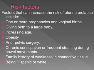 Factors that can increase the risk of uterine prolapse
include:
 One or more pregnancies and vaginal births.
 Giving birth to a large baby.
 Increasing age.
 Obesity.
 Prior pelvic surgery.
 Chronic constipation or frequent straining during
bowel movements.
 Family history of weakness in connective tissue.
 Being Hispanic or white.
 