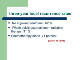 three-year local recurrence rates   <ul><li>  No adjuvant treatment  62 % </li></ul><ul><li>  Whole pelvis external beam r...