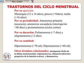 “Curso del Sistema Reproductor Humano:
            Mitos y verdades”




   TRASTORNOS DEL CICLO MENSTRUAL
              Por su aparición:
              Menarquia (12 a 14 años), precoz (<9años), tardía
              (>16 años)
              Por su periodicidad: Amenorrea primaria
              (ausencia), amenorrea secundaria (interrupción
              >60 días) y proiomenorrea (ciclos cortos)
              Por su duración: Polimenorrea (>7 días) y
              oligomenorrea (<2 días)
              Por su cantidad:
              Hipermenorrea (>70 ml); Hipomenorrea (<60 ml).
              Otros términos relacionados: menopausia (fecha de
              la última menstruación), criptomenorrea, climaterio (deterioro
              progresivo de la función ovárica) y dismenorrea.
 