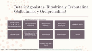 Beta 2-Agonistas: Ritodrina y Terbutalina
(Salbutamol y Orciprenalina)
– Efectos adversos maternos
Simhan, H. N. Et al. UpToDate. Febrero 2020. Inhibition of acute preterm labor. https://www-uptodate-com.pbidi.unam.mx:2443/contents/inhibition-of-acute-preterm-labor
Estimulación
B1 ↑FC y
volumen sistólico
Vasodilatación
periférica
Hipotensión
diastólica
Relajación
bronquial
Temblor distal
Palpitaciones
EDEMA PULMONAR (0.3%):
 Sobrecarga de fluidos, ↓
llenado diastólico por
taquicardia, ↑ Volumen
plasmático
Hipokalemia Hiperglucemia Lipólisis
Isquemia miocárdica
(rara)
 