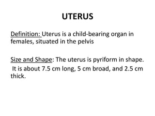 UTERUS
Definition: Uterus is a child-bearing organ in
females, situated in the pelvis
Size and Shape: The uterus is pyriform in shape.
It is about 7.5 cm long, 5 cm broad, and 2.5 cm
thick.
 