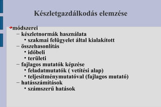 Készletgazdálkodás elemzése módszerei készletnormák használata szakmai felügyelet által kialakított összehasonlítás időbeli területi fajlagos mutatók képzése feladatmutatók ( vetítési alap) teljesítménymutatóval (fajlagos mutató) hatásszámítások számszerű hatások  