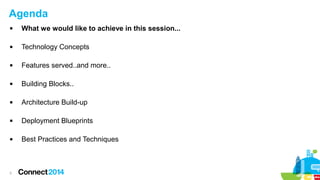 Agenda 
 What we would like to achieve in this session... 
 Technology Concepts 
 Features served..and more.. 
 Building Blocks.. 
 Architecture Build-up 
 Deployment Blueprints 
 Best Practices and Techniques 
3 
 