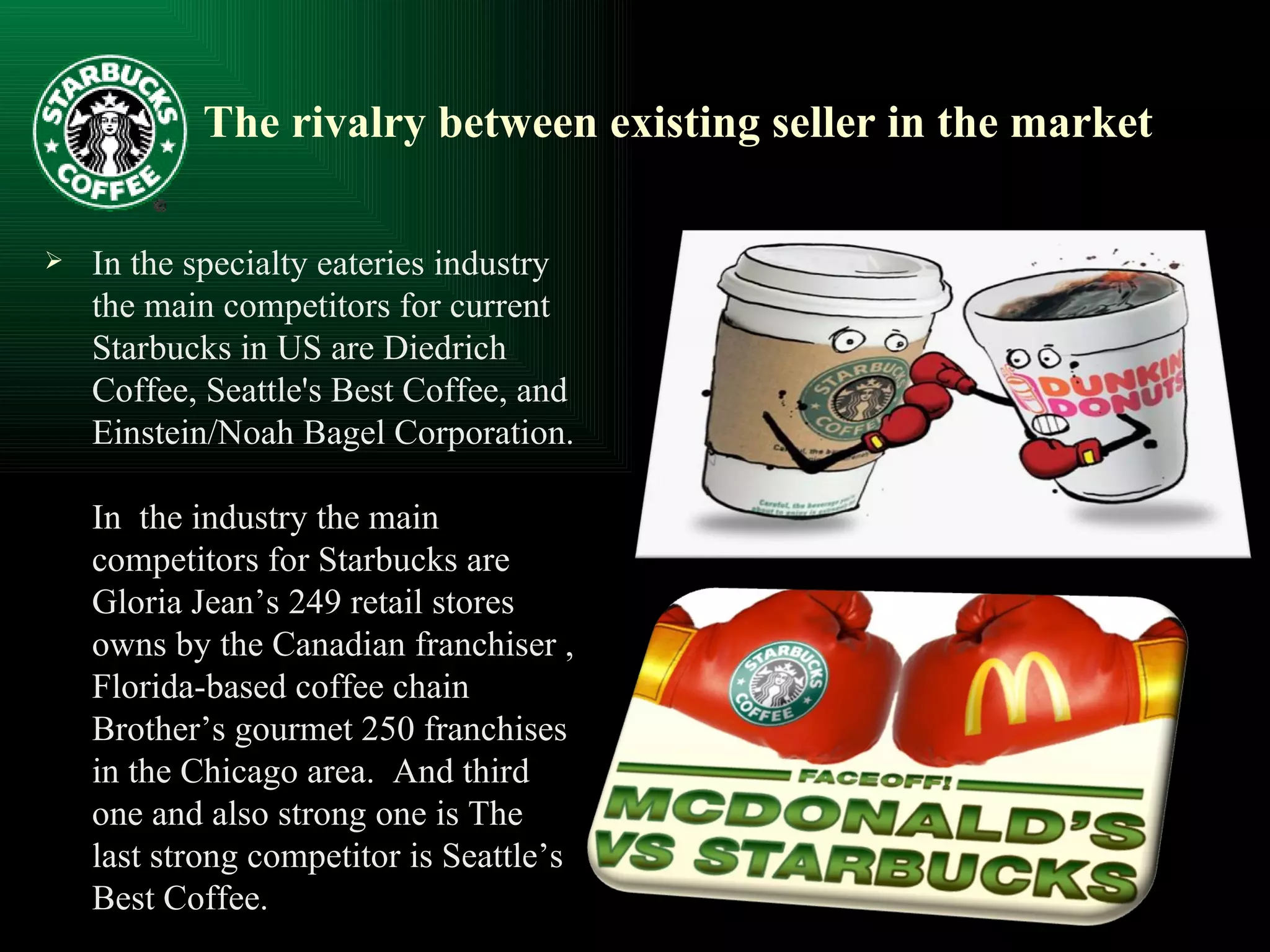 The rivalry between existing seller in the market In the specialty eateries industry the main competitors for current Starbucks in US are Diedrich Coffee, Seattle's Best Coffee, and Einstein/Noah Bagel Corporation.  In  the industry the main competitors for Starbucks are Gloria Jean’s 249 retail stores owns by the Canadian franchiser , Florida-based coffee chain Brother’s gourmet 250 franchises in the Chicago area.  And third  one and also strong one is The last strong competitor is Seattle’s Best Coffee. 