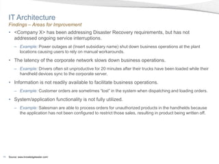 IT Architecture
     Findings – Areas for Improvement
     • <Company X> has been addressing Disaster Recovery requirements, but has not
       addressed ongoing service interruptions.
         – Example: Power outages at (Insert subsidiary name) shut down business operations at the plant
           locations causing users to rely on manual workarounds.

     • The latency of the corporate network slows down business operations.
         – Example: Drivers often sit unproductive for 20 minutes after their trucks have been loaded while their
           handheld devices sync to the corporate server.

     • Information is not readily available to facilitate business operations.
         – Example: Customer orders are sometimes “lost” in the system when dispatching and loading orders.

     • System/application functionality is not fully utilized.
         – Example: Salesman are able to process orders for unauthorized products in the handhelds because
           the application has not been configured to restrict those sales, resulting in product being written off.




14   Source: www.knowledgeleader.com/
 