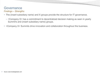 Governance
     Findings – Strengths
     • The (insert subsidiary name) and X groups provide the structure for IT governance.
        – <Company X> has a commitment to decentralized decision making as seen in yearly
          Summit's and (insert subsidiary name) groups.
     • <Company X> Summits drive innovation and collaboration throughout the business.




31   Source: www.knowledgeleader.com/
 