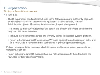 IT Organization
     Findings – Areas for Improvement
     • IT Skill Sets
        – The IT department needs additional skills in the following areas to sufficiently align with
          and support customer needs: Windows Applications Administration, Network
          Administration, (insert IT system) Administration, Project Management.
        – IT is limited by their current technical skill sets in the breadth of services and solutions
          they can offer to the business.
            ○ In-house development resources are primarily trained in (insert IT system) platform.
            ○ (Insert subsidiary name) IT lacks strong Windows applications administration skills, and
              as a result, has to rely on external consultants to provide application support.
     • IT does not appear to be making productivity gains, and in some cases, appears to be
       regressing, such as:
        – (Insert subsidiary name) IT personnel are not held accountable to their deadlines nor
          rewarded for their accomplishments.




39   Source: www.knowledgeleader.com/
 