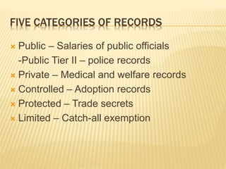 FIVE CATEGORIES OF RECORDS
 Public – Salaries of public officials
-Public Tier II – police records
 Private – Medical and welfare records
 Controlled – Adoption records
 Protected – Trade secrets
 Limited – Catch-all exemption
 