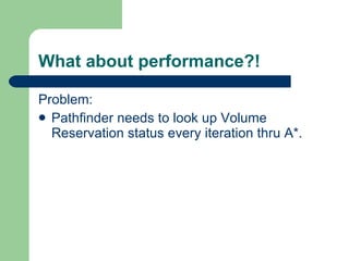 What about performance?! Problem: Pathfinder needs to look up Volume Reservation status every iteration thru A*.   