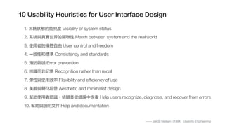 1. 系統狀態的能見度 Visibility of system status
2. 系統與真實世界的關聯性 Match between system and the real world
3. 使用者的操控自由 User control and freedom
4. 一致性和標準 Consistency and standards
5. 預防錯誤 Error prevention
6. 辨識而非記憶 Recognition rather than recall
7. 彈性與使用效率 Flexibility and efficiency of use
8. 美觀與簡化設計 Aesthetic and minimalist design
9. 幫助使用者認識、偵錯並從錯誤中恢復 Help users recognize, diagnose, and recover from errors
10. 幫助與說明文件 Help and documentation
10 Usability Heuristics for User Interface Design
—— Jakob Nielsen. (1994). Usability Engineering.
 