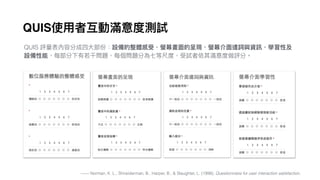QUIS
QUIS
—— Norman, K. L., Shneiderman, B., Harper, B., & Slaughter, L. (1998). Questionnaire for user interaction satisfaction.
 