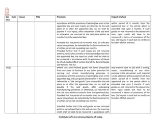 Institute of Cost Accountants of India
Sec (Sub-
sec)
Clause Title Provision Impact Analysis
accordance with the provisions of existing law prior to the
appointed day and such inputs are returned to the said
place on or after the appointed day, no tax shall be
payable if such inputs, after completion of the job work
or otherwise, are returned to the said place within six
months from the appointed day:
Provided that the period of six months may, on sufficient
cause being shown, be extended by the Commissioner for
a further period not exceeding two months:
Provided further that if such inputs are not returned
within a period of six months or the extended period from
the appointed day, the input tax credit shall be liable to
be recovered in accordance with the provisions of clause
(a) of sub-section (8) of section 142 of the Central Goods
and Services Tax Act.
within period of 6 months from the
appointed day or the period which is
extended max upto 2 months. If such
goods are not returned in the above time
then input credit will have to be
recovered in terms of provisions of the
law. (to be paid in cash but no credit can
be taken of that amount)
19(2) Where any semi-finished goods had been dispatched
from any place of business to any other premises for
carrying out certain manufacturing processes in
accordance with the provisions of existing law prior to the
appointed day and such goods (hereinafter in this section
referred to as ‘‘the said goods’’) are returned to the said
place on or after the appointed day, no tax shall be
payable if the said goods, after undergoing
manufacturing processes or otherwise, are returned to
the said place within six months from the appointed day:
Provided that the period of six months may, on sufficient
cause being shown, be extended by the Commissioner for
a further period not exceeding two months:
Provided further that if the said goods are not returned
within a period specified in this sub-section, the input tax
credit shall be liable to be recovered in accordance with
Any material sent on job work / testing,
repair, reconditioning or any other
purpose to the job worker, such material
can be obtained without payment of duty
within period of 6 months from the
appointed day or the period which is
extended max upto 2 months. If such
goods are not returned in the above time
then input credit will have to be
recovered in terms of provisions of the
law. (to be paid in cash but no credit can
be taken of that amount)
 