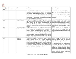 Institute of Cost Accountants of India
Sec (Sub-
sec)
Clause Title Provision Impact Analysis
supply of alcoholic liquor for human consumption, on the
value determined under section 15 of the Central Goods
and Services Tax Act and at such rates, not exceeding
twenty percent., as may be notified by the Central
Government on the recommendations of the Council
and collected in such manner as may be prescribed and
shall be paid by the taxable person
rates need not to go to the Parliament
again. GST Council have been authorized.
However, supply of alcoholic liquor for
human consumption is specifically
excluded.
7(2) Levy and collection. The Union territory tax on the supply of petroleum crude,
high speed diesel, motor spirit (commonly known as
petrol), natural gas and aviation turbine fuel shall be
levied with effect from such date as may be notified by
the Central Government on the recommendations of the
Council.
Provision added w.r.t. levy of tax
petroleum crude, high speed diesel,
motor spirit (commonly known as petrol),
natural gas and aviation turbine fuel at
future date on recommendation of GST
Council.
7(3) Levy and collection. The Central Government may, on the recommendations
of the Council, by notification, specify categories of
supply of goods or services or both, the tax on which
shall be paid on reverse charge basis by the recipient of
such goods or services or both and all the provisions of
this Act shall apply to such recipient as if he is the person
liable for paying the tax in relation to the supply of such
goods or services or both.
Reverse charge will be applicable to
UTGST also on the supply made by
specific categories of goods or services or
both.
7(4) Levy and
collection.
The Union territory tax in respect of the supply of taxable
goods or services or both by a supplier, who is not
registered, to a registered person shall be paid by such
person on reverse charge basis as the recipient and all the
provisions of this Act shall apply to such recipient as if he
is the person liable for paying the tax in relation to the
supply of such goods or services or both
Reverse charge of UTGST will be
applicable when goods or services
received from unregistered person.
It is pertinent to note that no exemption
is available if there are inter-state
supplies. Situation may arise when
supplies are received from such person
who has not quoted IGST Number on Tax
Invoice, since any person who is involved
in inter-state sale have to obtain the
registration compulsorily.
 
