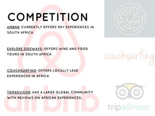 COMPETITION
AIRBNB: CURRENTLY OFFERS 90+ EXPERIENCES IN
SOUTH AFRICA
EXPLORE SIDEWAYS: OFFERS WINE AND FOOD
TOURS IN SOUTH AFRICA
COUCHSURFING: OFFERS LOCALLY LEAD
EXPERIENCES IN AFRICA
TRIPADVISOR: HAS A LARGE GLOBAL COMMUNITY
WITH REVIEWS ON AFRICAN EXPERIENCES.
 