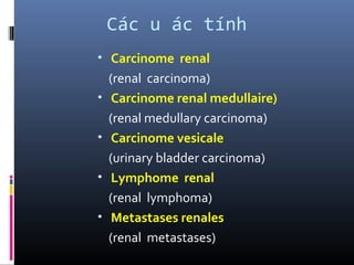 Các u ác tính
• Carcinome renal
(renal carcinoma)
• Carcinome renal medullaire)
(renal medullary carcinoma)
• Carcinome vesicale
(urinary bladder carcinoma)
• Lymphome renal
(renal lymphoma)
• Metastases renales
(renal metastases)
 