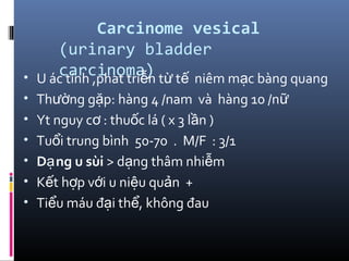 Carcinome vesical
(urinary bladder
carcinoma)• U ác tính ,phat tri n t t niêm m c bàng quangễ ừ ế ạ
• Th ng g p: hàng 4 /nam và hàng 10 /nườ ặ ữ
• Yt nguy c : thu c lá ( x 3 l n )ơ ố ầ
• Tu i trung bình 50-70 . M/F : 3/1ổ
• D ng u sùiạ > d ng thâm nhi mạ ễ
• K t h p v i u ni u qu n +ế ợ ớ ệ ả
• Ti u máu đ i th , không đauể ạ ể
 