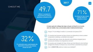 CHKOUT.ME
32%É a estimativa para a participação dos
dispositivos móveis nas compras
virtuais em 2017
49,7Bilhões é a projeção de
faturamento do comércio
eletrônico no Brasil em 2017
A maior parte do tráfego das lojas virtuais no Brasil e no mundo
vem do mobile, mas a conversão ainda é relativamente baixa.
10
71%Do tráfego das lojas virtuais
é gerado através de
dispositivos móveis
Porque 71% do tráfego é mobile e a conversão é de apenas 32%?!
Os usuários que acessam as lojas virtuais nos dispositivos móveis acabam
comprando no desktop, ou desistem da compra?
!
2017
A maioria das lojas virtuais não oferecem uma interface amigável para o
processo de checkout nos dispositivos móveis?
!
Os usuários que navegam em lojas virtuais que não oferecem uma interface
amigável de checkout compram nos concorrentes ou desistem da compra?
!
Com o CHKOUT.ME podemos mudar essa realidade?!!
chkout.me
 